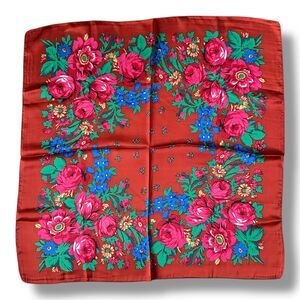 Red Square Scarf With Pink Floral 27” X 27” Scarve Unisex Fashion